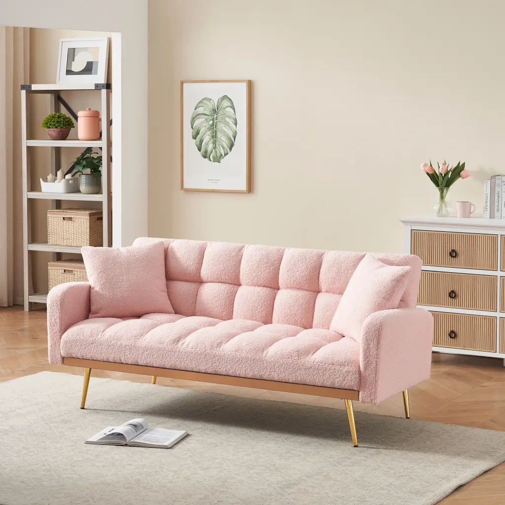 69 Inch Adjustable Sofa Bed Teddy Fleece And 2 Throw Pillows fan chen furniture
