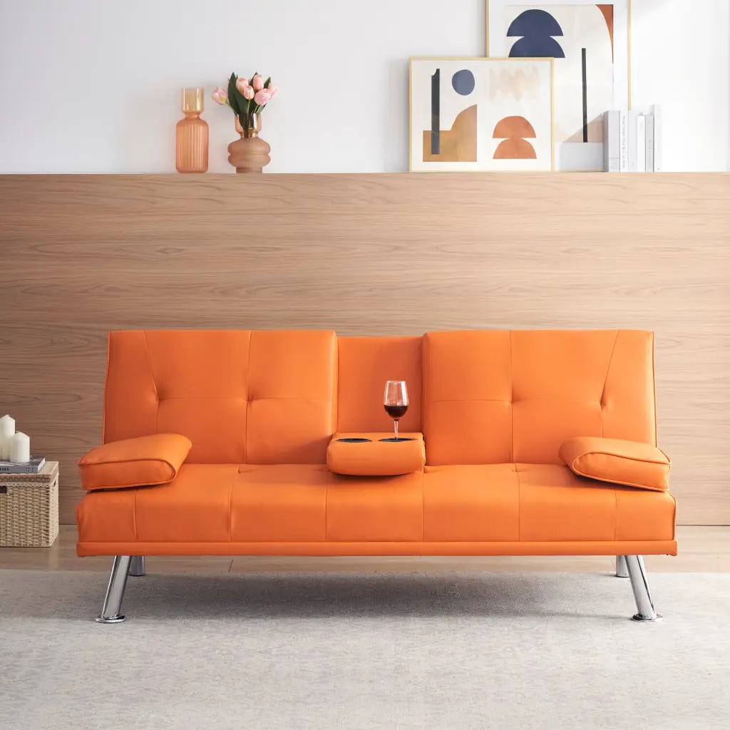67 Inch Orange Leather Multifunctional Double Folding Sofa Bed Office fan chen furniture
