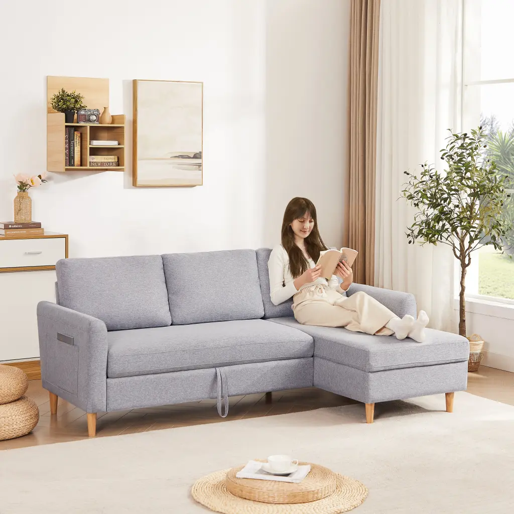 Adjustable L Shaped Sofa Bed Chaise Light Grey Upholstery jsc furniture