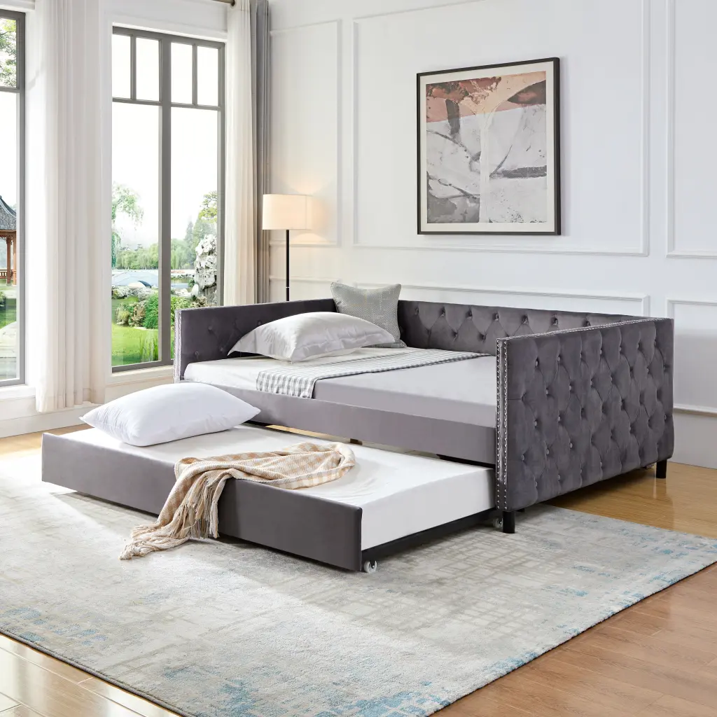 Sofa Bed Wheels Enhanced Velvet Upholstered Sleeper Couch Button Tufting lucky bed