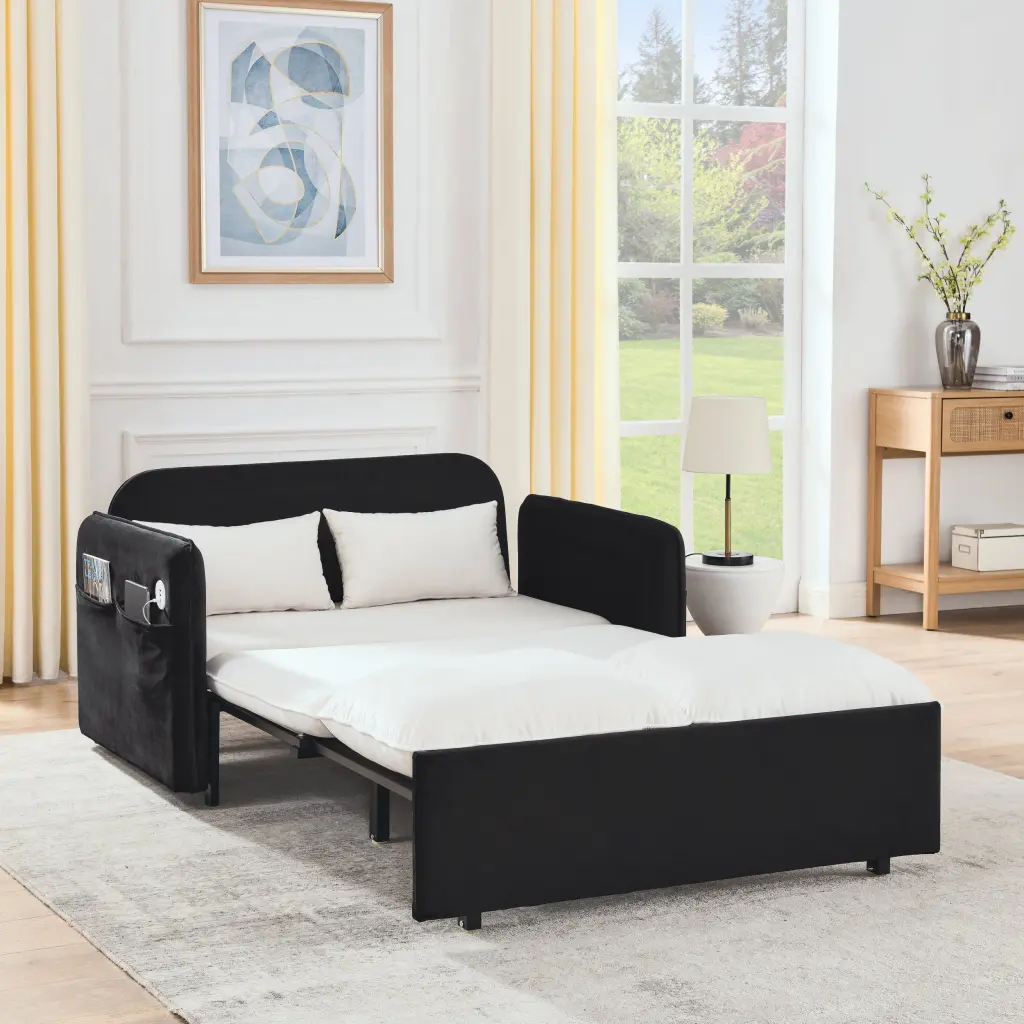 53 Inch Modern Convertible Sofa Bed 2 Removable Armrests and USB Power Port lucky fortune