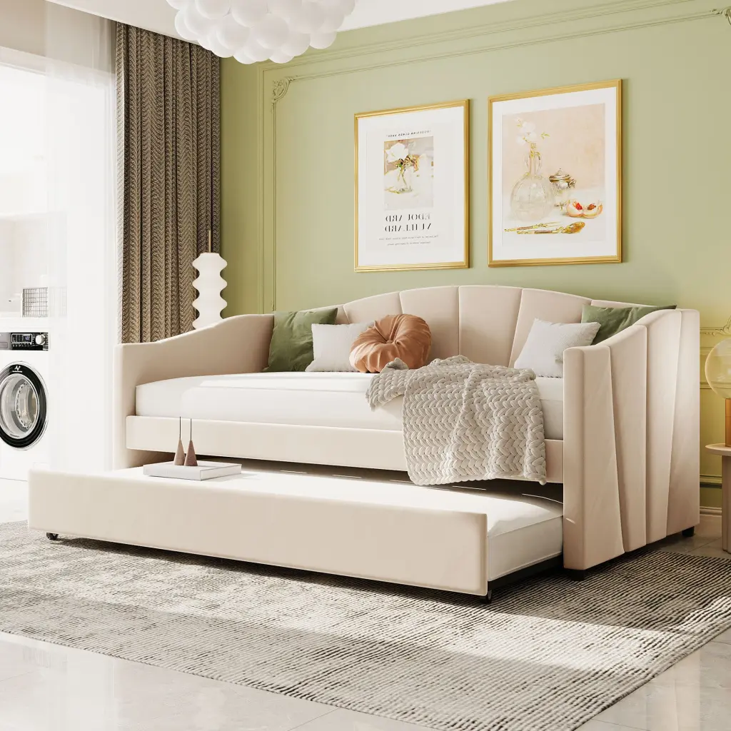 Upholstered Daybed Sofa Bed Twin Trundle Bed and Wood Slats lucky furniture