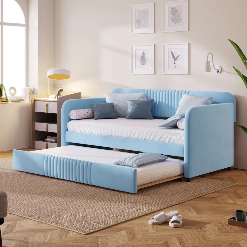 Upholstered Daybed Sofa Bed Twin Trundle and Wood Slats lucky furniture