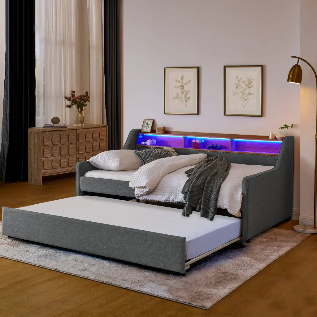 Twin Size Upholstery Sofa Bed Three LED Lights Storage Adjustable Modern Convertible Furniture royal star