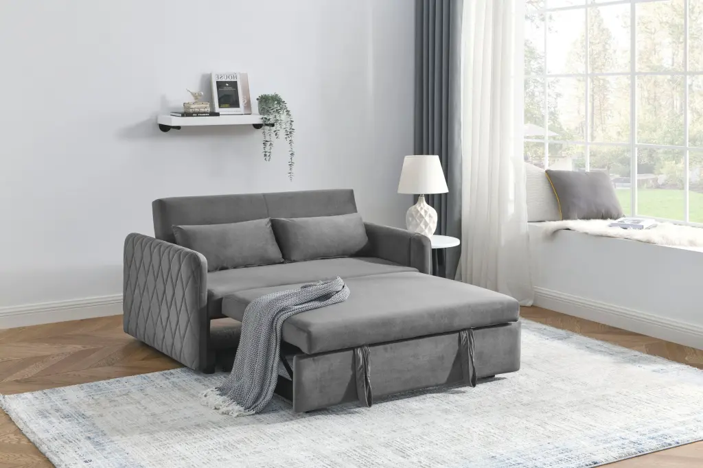 55 Inch Modern Convertible Sofa Bed 2 Detachable Arm Pockets Velvet w1193