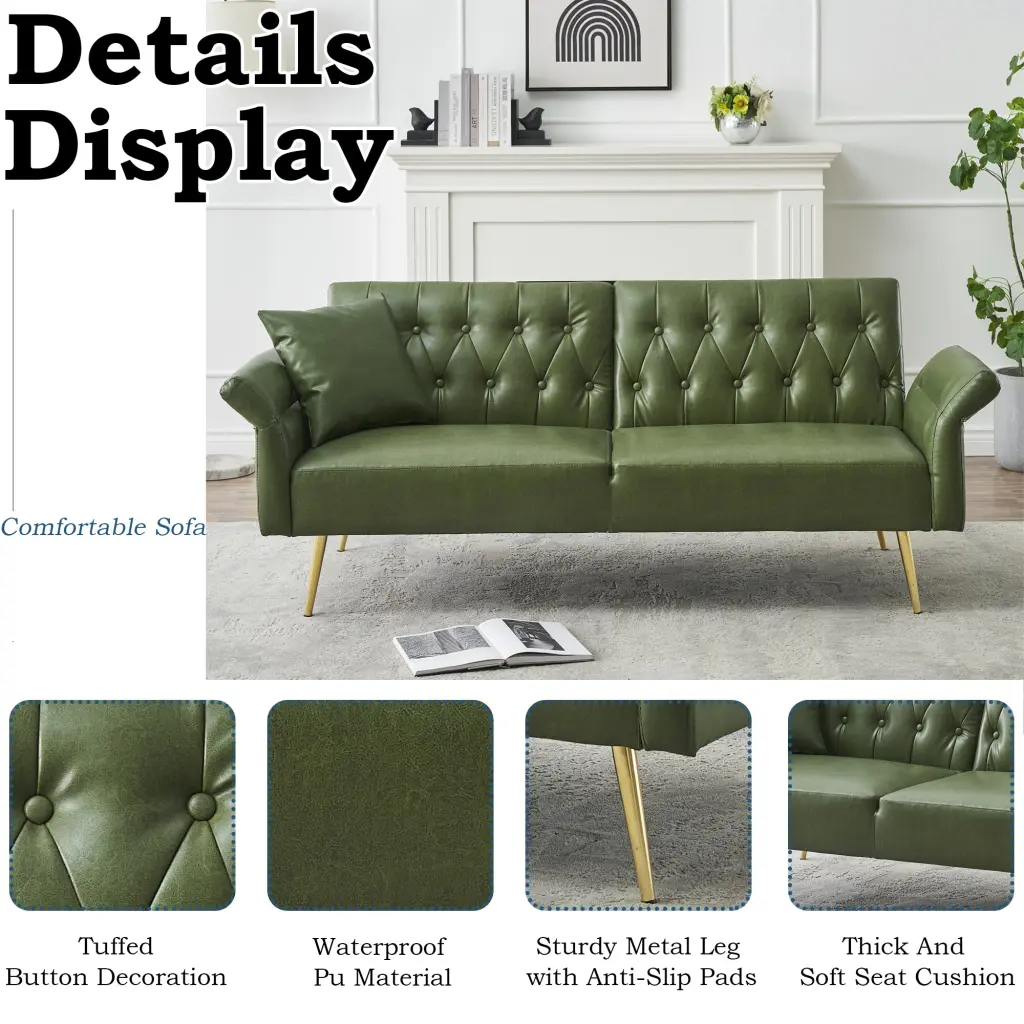67.71 Inch Faux Leather Sofa Bed Adjustment Armrest Green Foam Pvc w2290