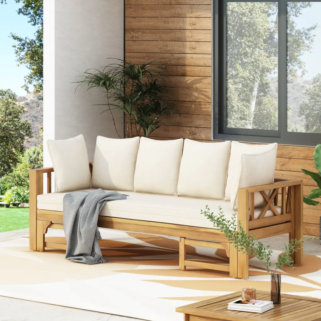 Long Beach Sofa Daybed Full Size Teak PE Rattan Iron Waterproof Fabric nh-sunfay