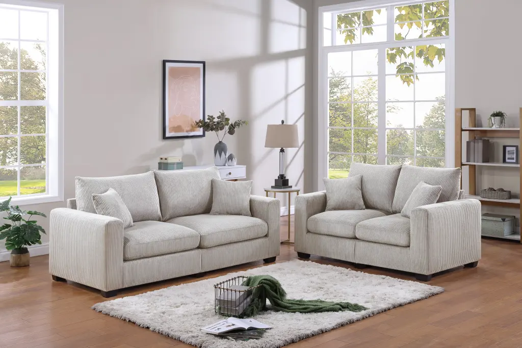 Classic Living Room 2Pc Sofa Set Ivory Corduroy Sofa And Loveseat Pillows kanepe