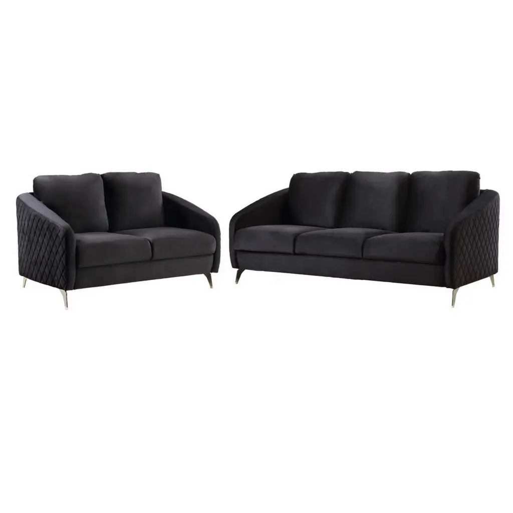 Hida 2 Piece Sofa and Loveseat Set Gemstone Stitching Smooth Black Velvet royal hampton