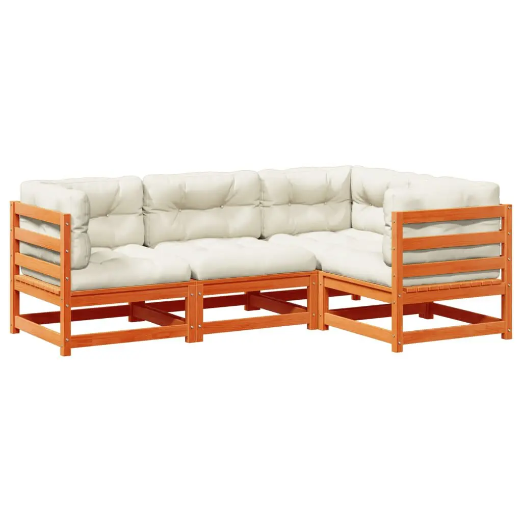 4-Piece Wax Brown Solid Wood Pine Patio Sofa Set Cushions Outdoor Furniture