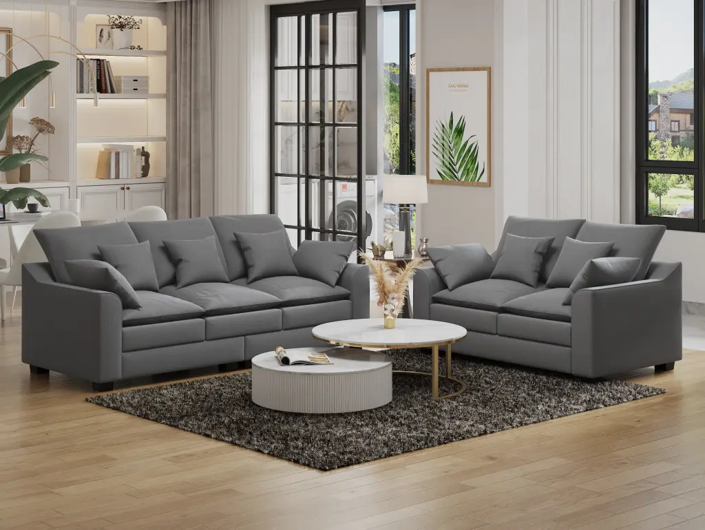 2 Pieces Sofa Couch 3 Seater and Loveseat Pillows Polyester Upholstered Set hdf store