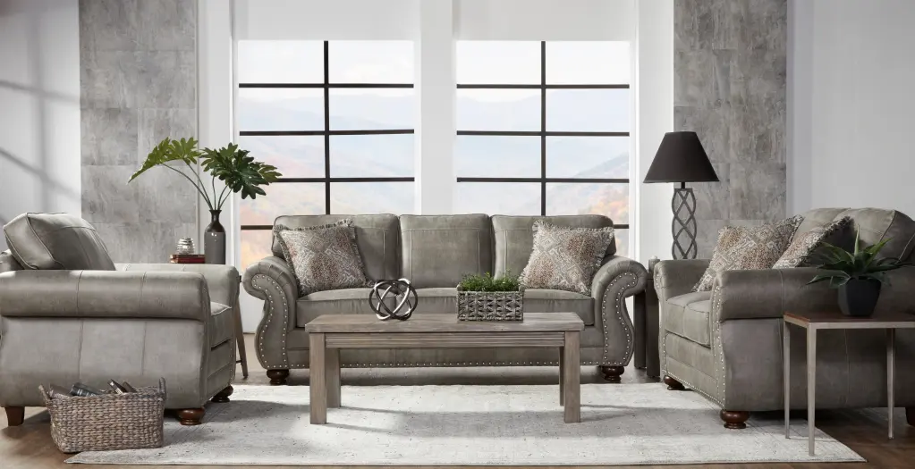 Leinster Faux Leather Upholstered Sofa Loveseat and Chair Set Gray hz