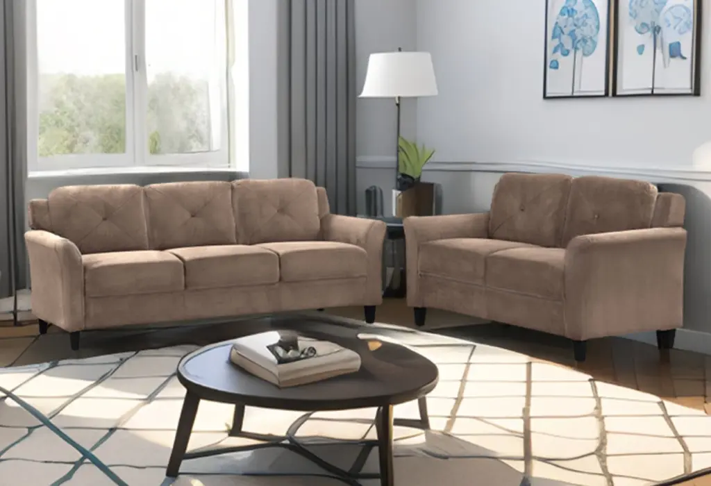 Chic Flannel Living Room Two Piece Sofa Set Brown Flannel Antique Style Couches jiumi