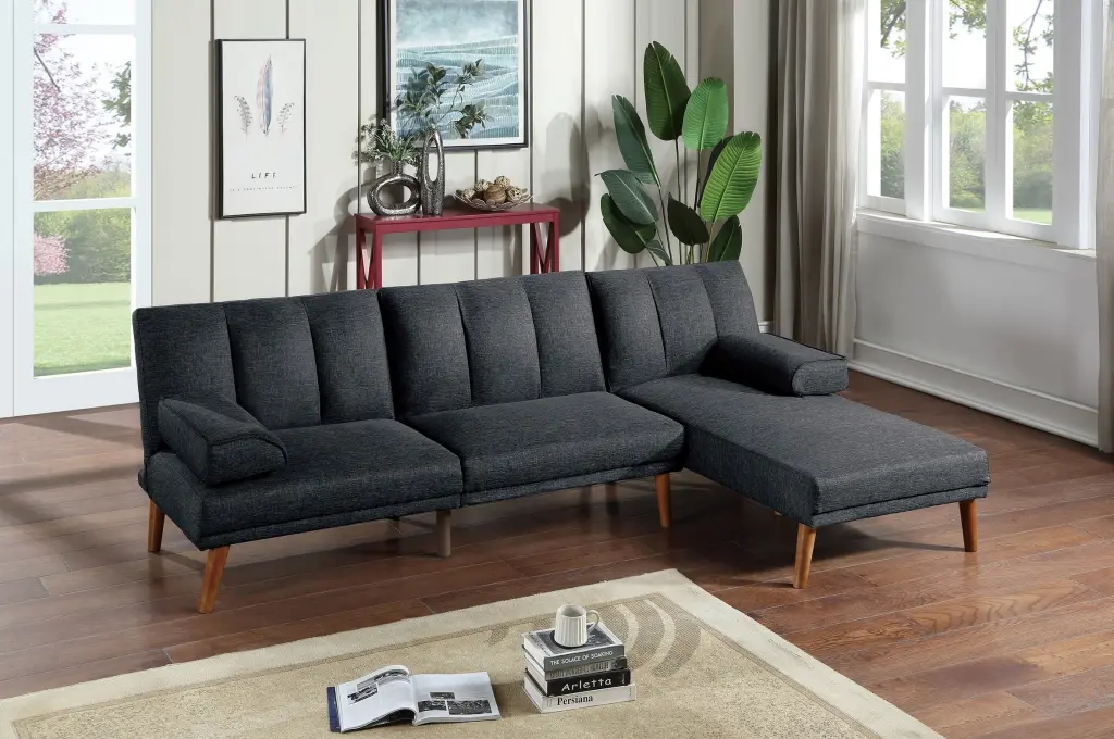 Black Polyfiber 2-Piece Sectional Sofa Set Solid Wood Frame kanepe