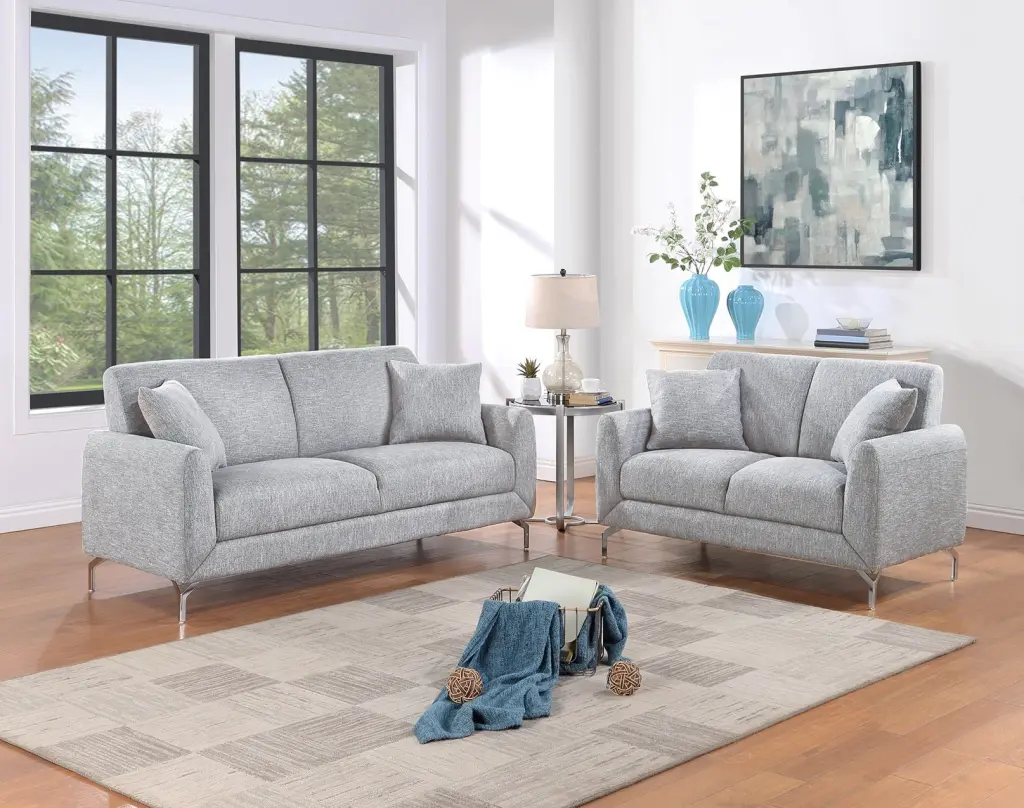 Elegant 2 Piece Sofa Set Light Gray Burlap Like Material Sofa Loveseat Pillows kanepe