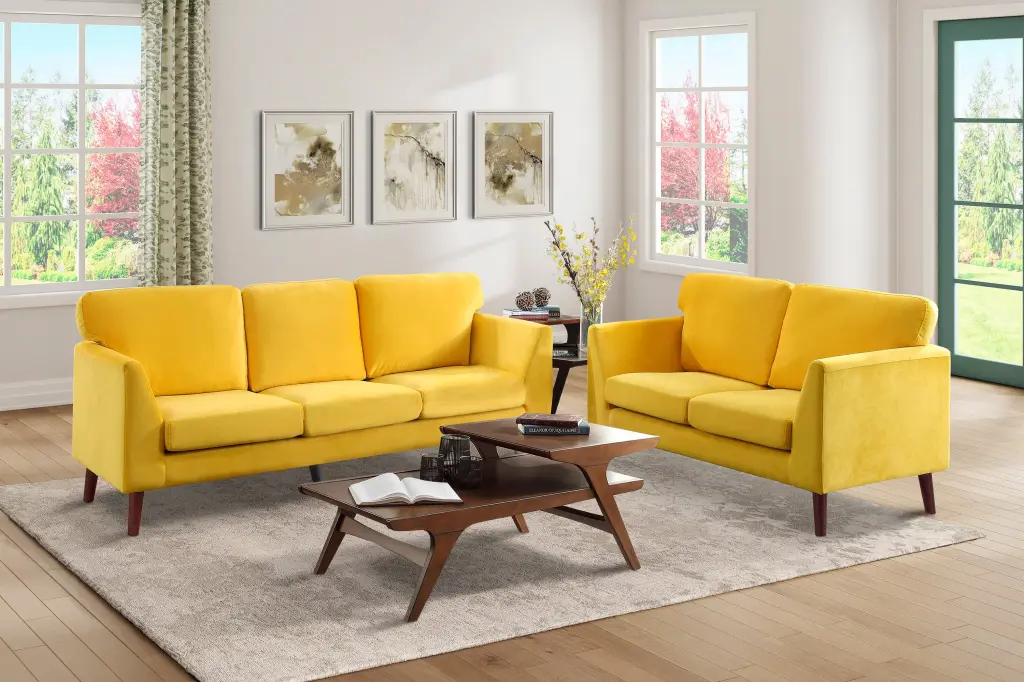 Modern Contemporary 2 Piece Yellow Velvet Sofa and Loveseat Set kanepe