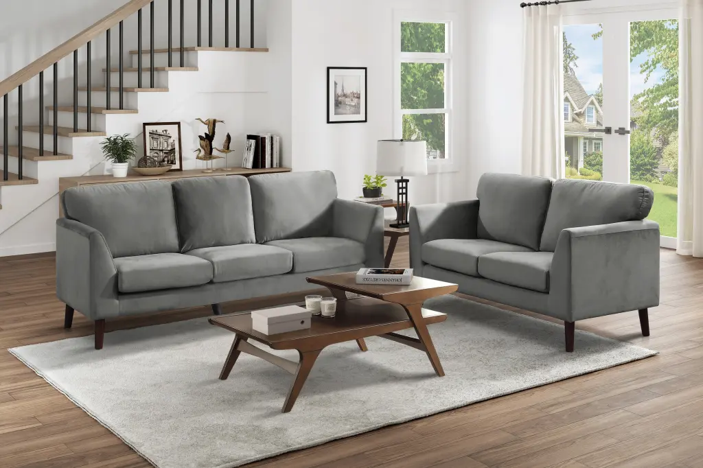 Modern 2 Piece Sofa Set Gray Velvet Upholstery Loveseat Contemporary Living kanepe