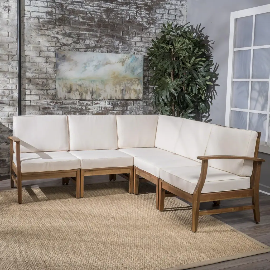 Perla 5 Piece Sofa Set Cream Acacia Wood Modern Living Room Furniture nh-gardenpara