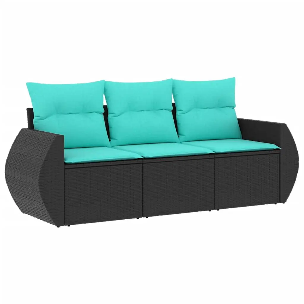 3 Piece Black Poly Rattan Patio Sofa Set Cushions