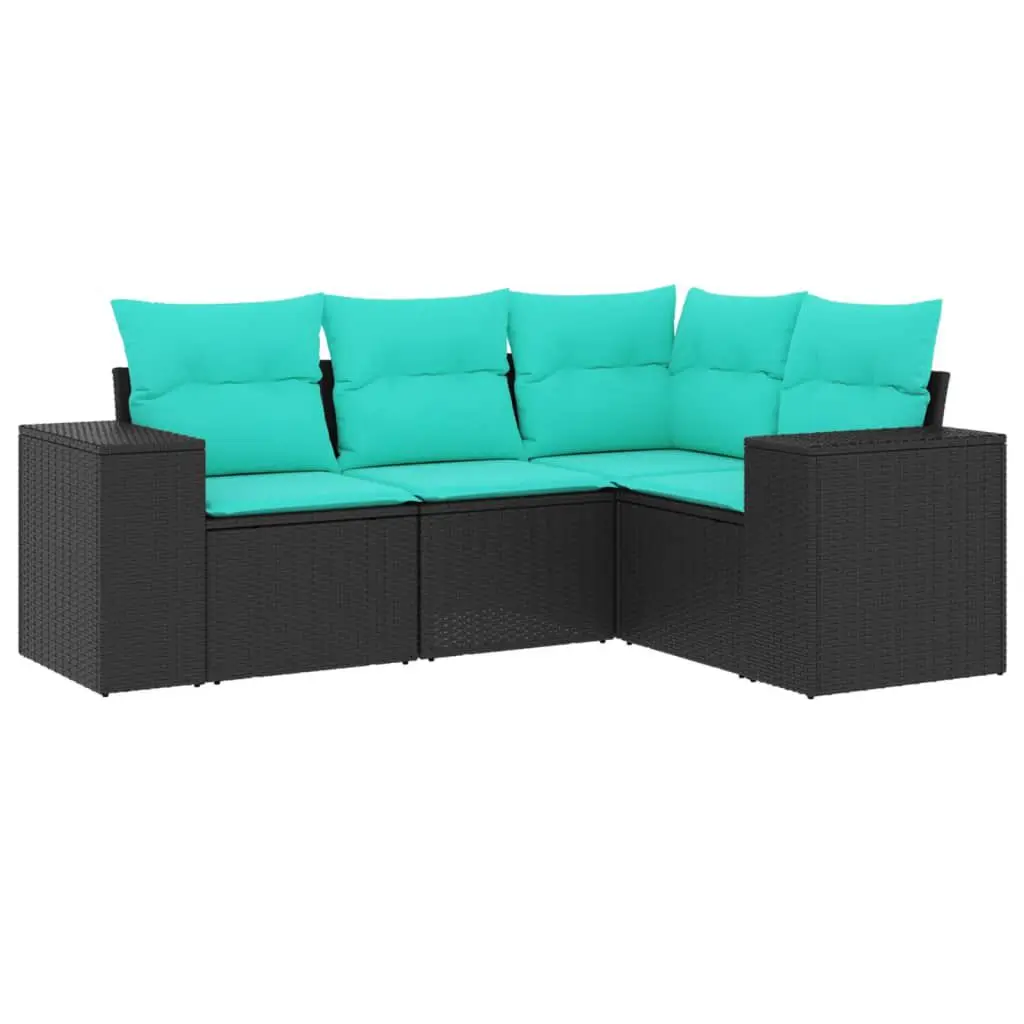 4 Piece Black Poly Rattan Patio Sofa Set Cushions Outdoor
