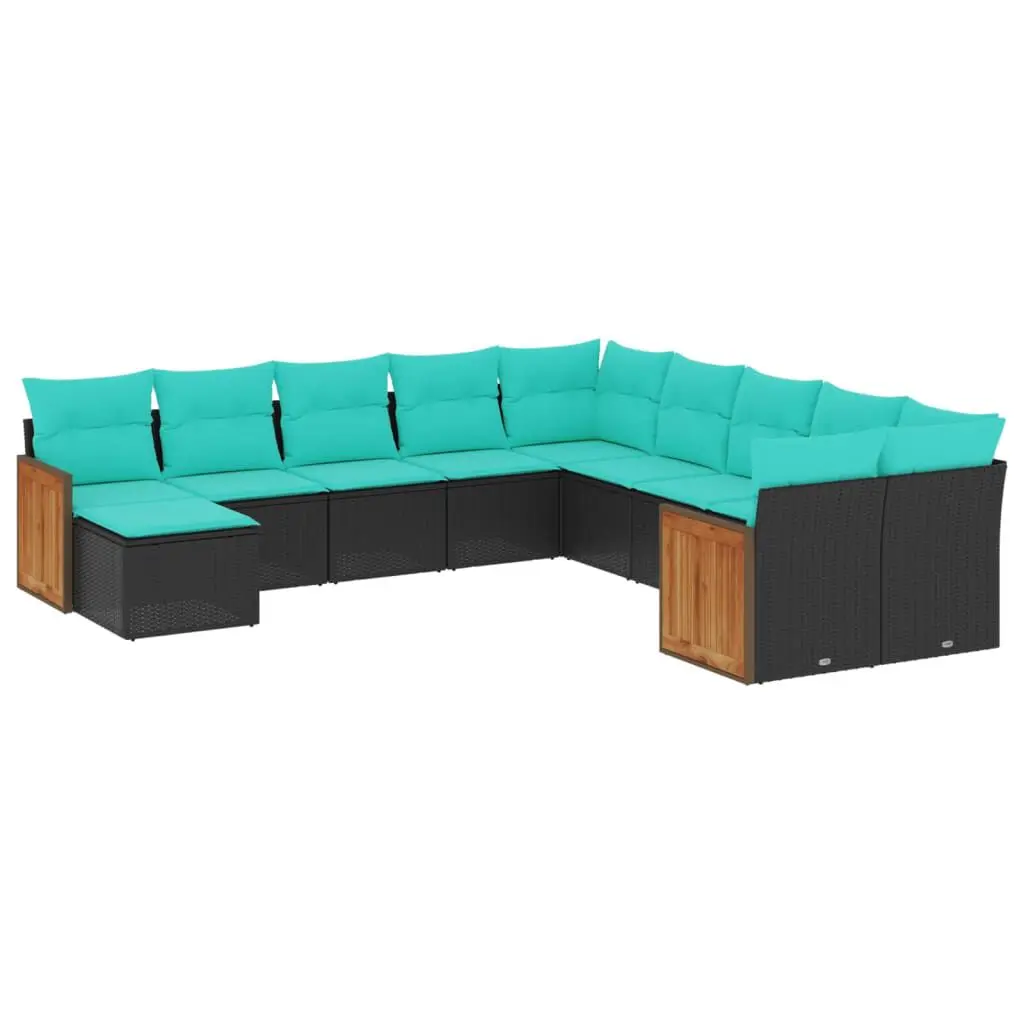 11 Piece Black Poly Rattan Patio Sofa Set Cushions