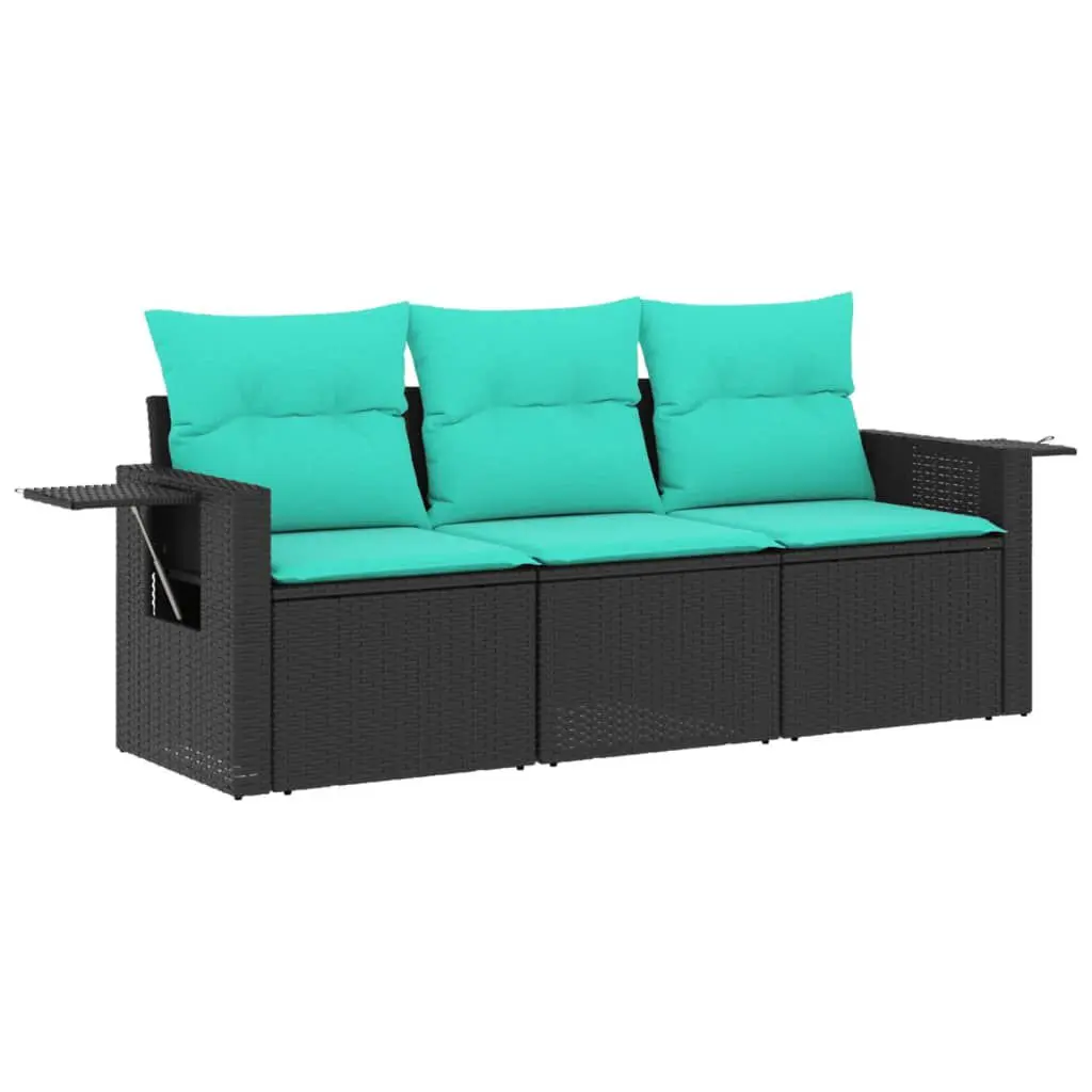 3 Piece Black Poly Rattan Patio Sofa Set Cushions