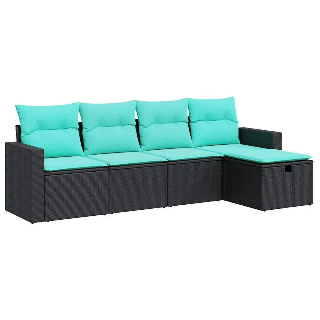 5 Piece Black Poly Rattan Patio Sofa Set Cushions Outdoor Sectional