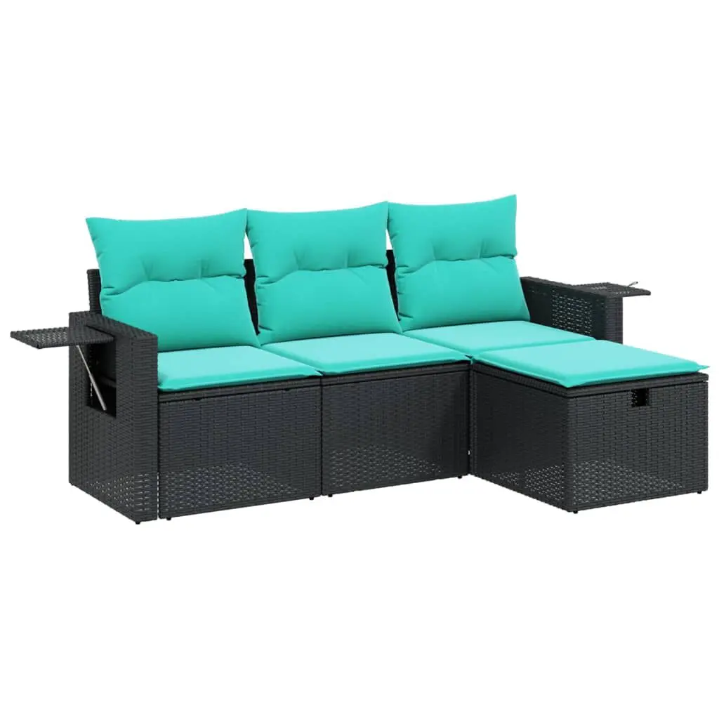 4 Piece Black Poly Rattan Patio Sofa Set Cushions Outdoor Furniture
