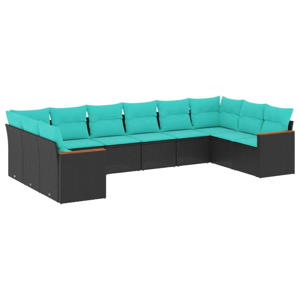 10 Piece Black Poly Rattan Patio Sofa Set Cushions Outdoor Sectional