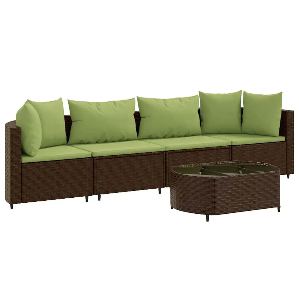 5 Piece Brown Poly Rattan Patio Sofa Set Cushions