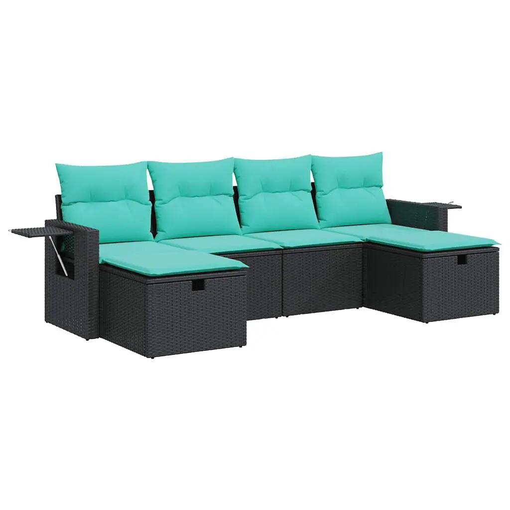 6 Piece Patio Sofa Set Cushions Black Poly Rattan Outdoor Sectional