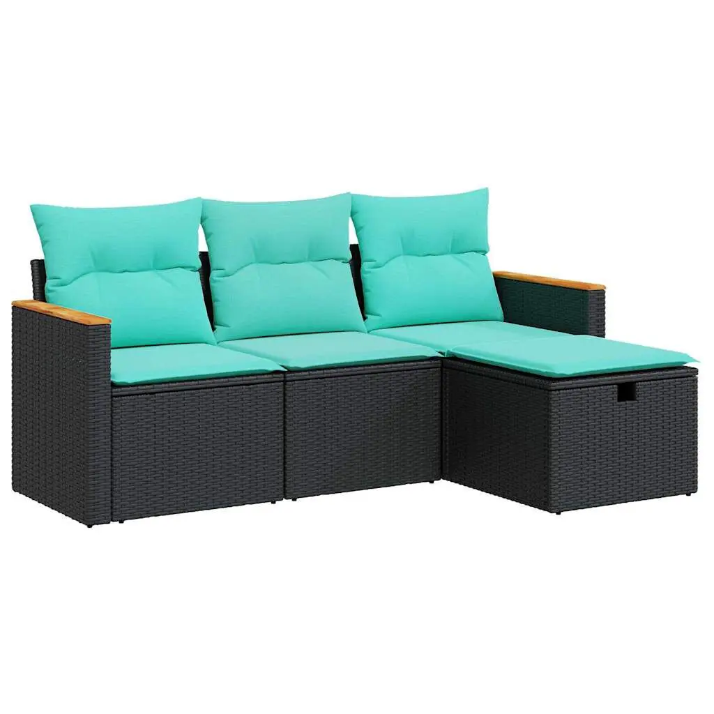 4 Piece Patio Sofa Set Cushions Black Poly Rattan Outdoor Sectional