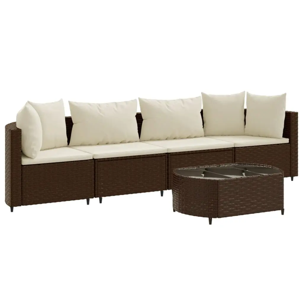 5 Piece Patio Sofa Set Cushions Brown Poly Rattan Outdoor Sectional
