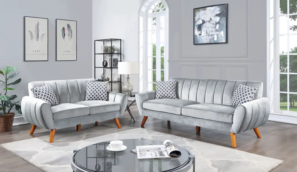 Sofa Set 2Pc Set Black Faux Leather Light Gray Velvet poundex
