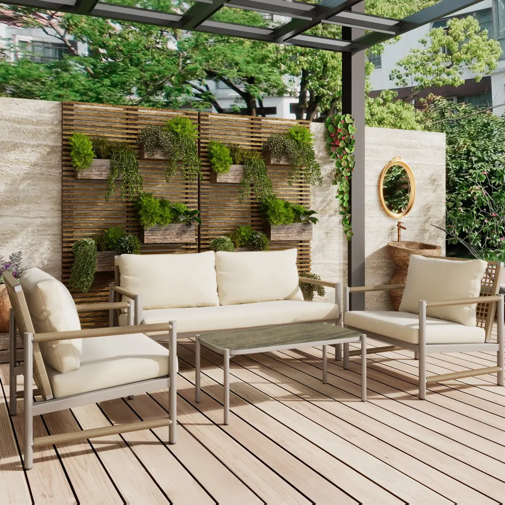4 Pieces Patio Home Decor Set PE Rattan Wicker 4 Pcs Outdoor Sofa Set tenway