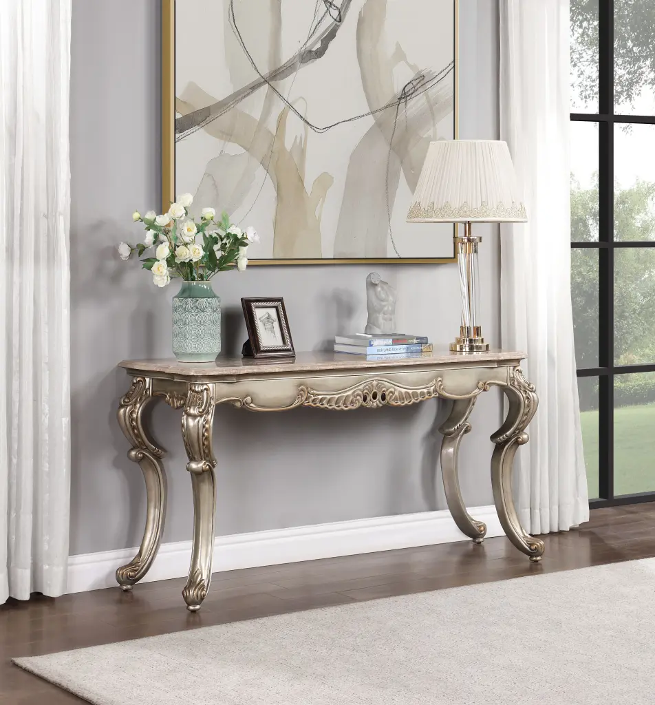 Miliani Sofa Table Natural Stone Top and Antique Metal Alloy Finish acme onsite store