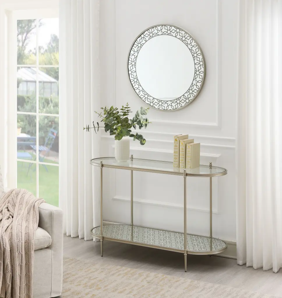 Zaba Sofa Table Glass Top and Champagne Finish LV02757 acme onsite store