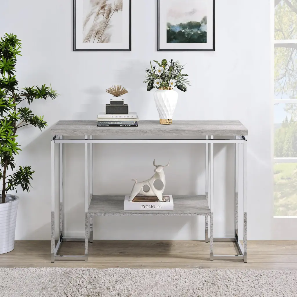 Natural Oak and Chrome Sofa Table Grey Silver Primary Living Space furniture max