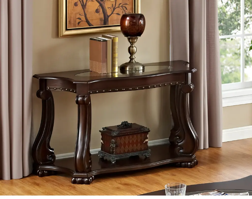 Crystal Top Sofa Table Brown Base Lower Display Shelf Ornate and Sweeping Design Living Room kanepe