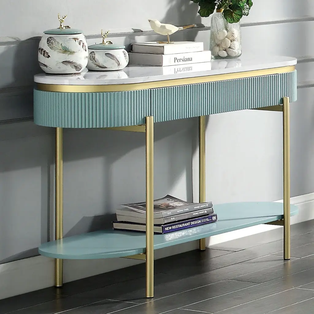Glam Contemporary Light Teal Sofa Table White Faux Stone Top kanepe