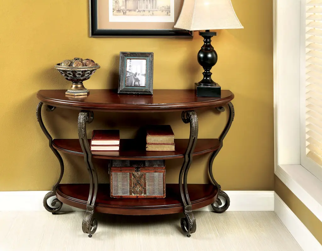 Traditional Brown Cherry Sofa Table Open Bottom Shelf and Ornate Design kanepe