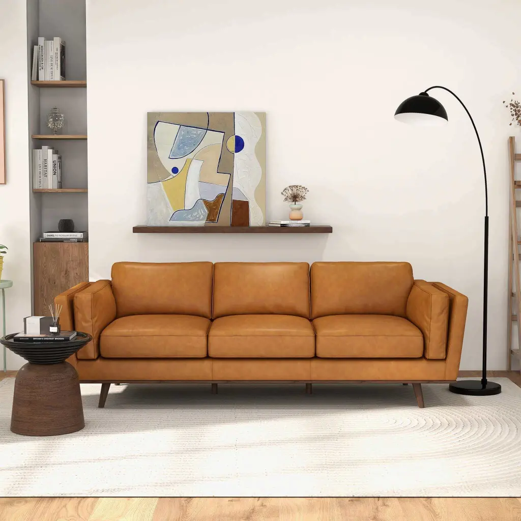 Chase Mid Century Modern Tan Authentic Hide Sofa Brown Leather ashcroft furniture