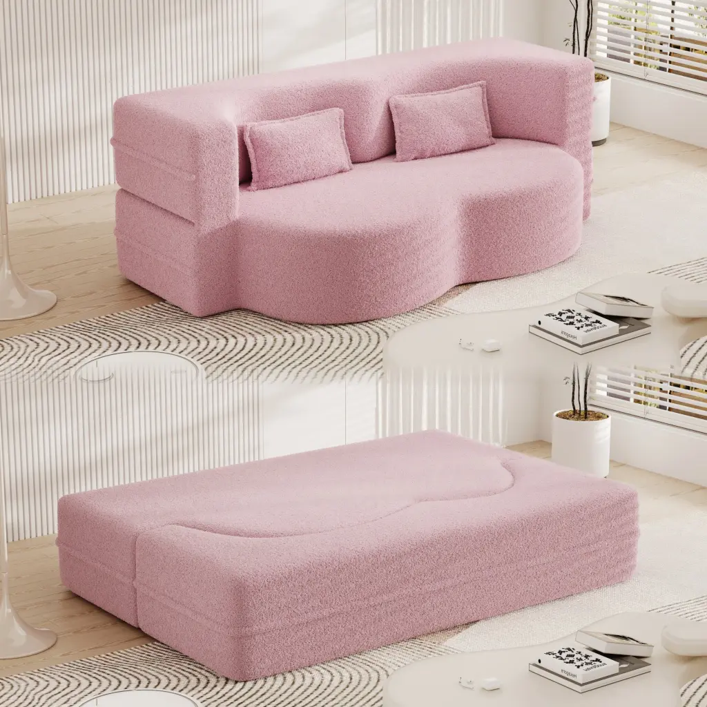 Modern Floor Sofa 2 Pillows Convertible Teddy Material Foam Filled Lounge Chair bobby furniture