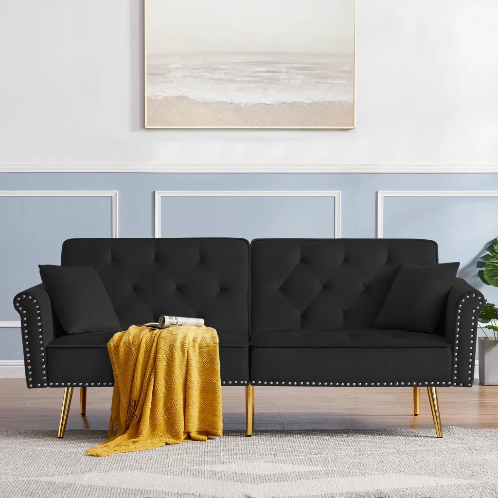 Black Velvet Tufted Sofa Couch 2 Pillows And Trim Black Velvet Upholstery cy furniture