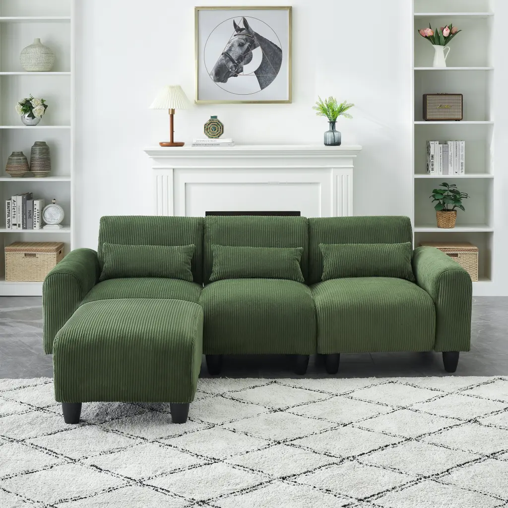 84.6 Inch Corduroy Sofa 3 Matching Toss Pillows - Modern Fabric Sofa fan chen furniture