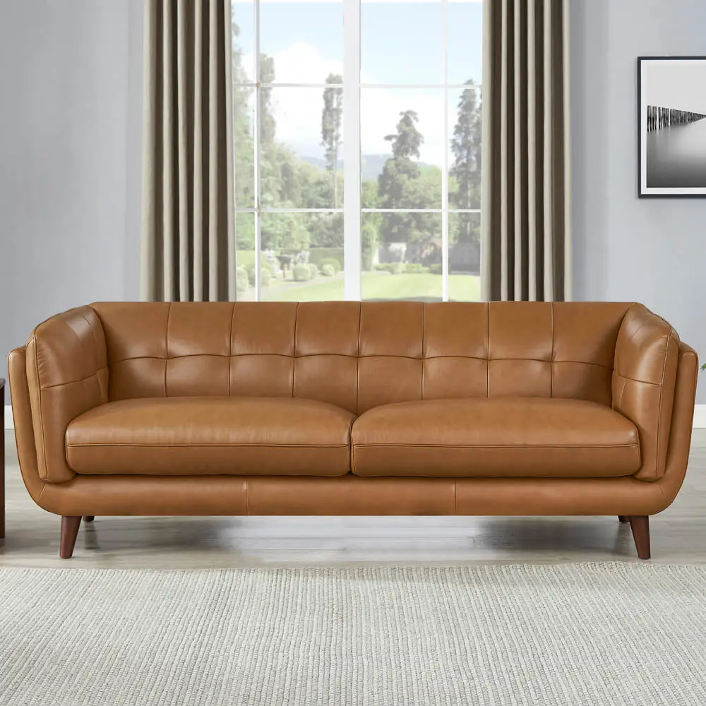Solana Leather Sofa Cognac Down Filling Authentic Leather 3 Seater Couch hydeline furniture