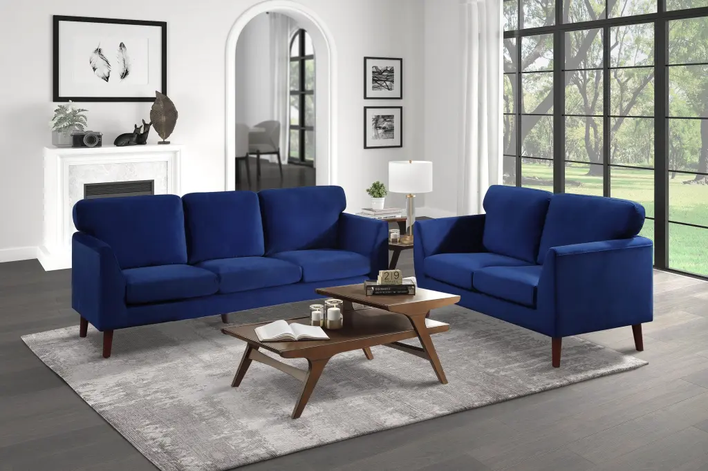 Modern Contemporary 2-Piece Sofa Set Blue Velvet Upholstery Loveseat Living Room Furniture kanepe