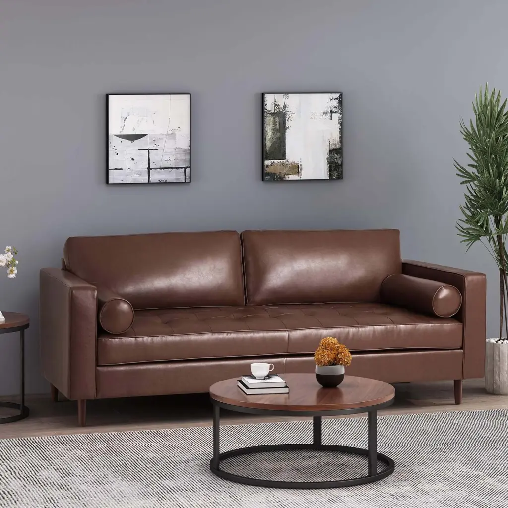Mirod Comfy 3 Seat Sofa Wooden Legs PU Leather Living Room Couch nh-mirod