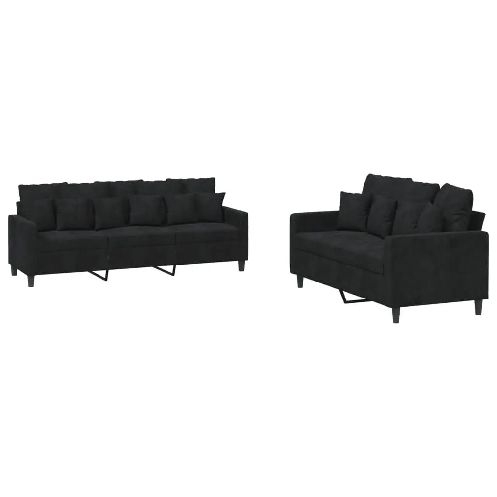 2 Piece Sofa Set Cushions Black Velvet Living Room Furniture