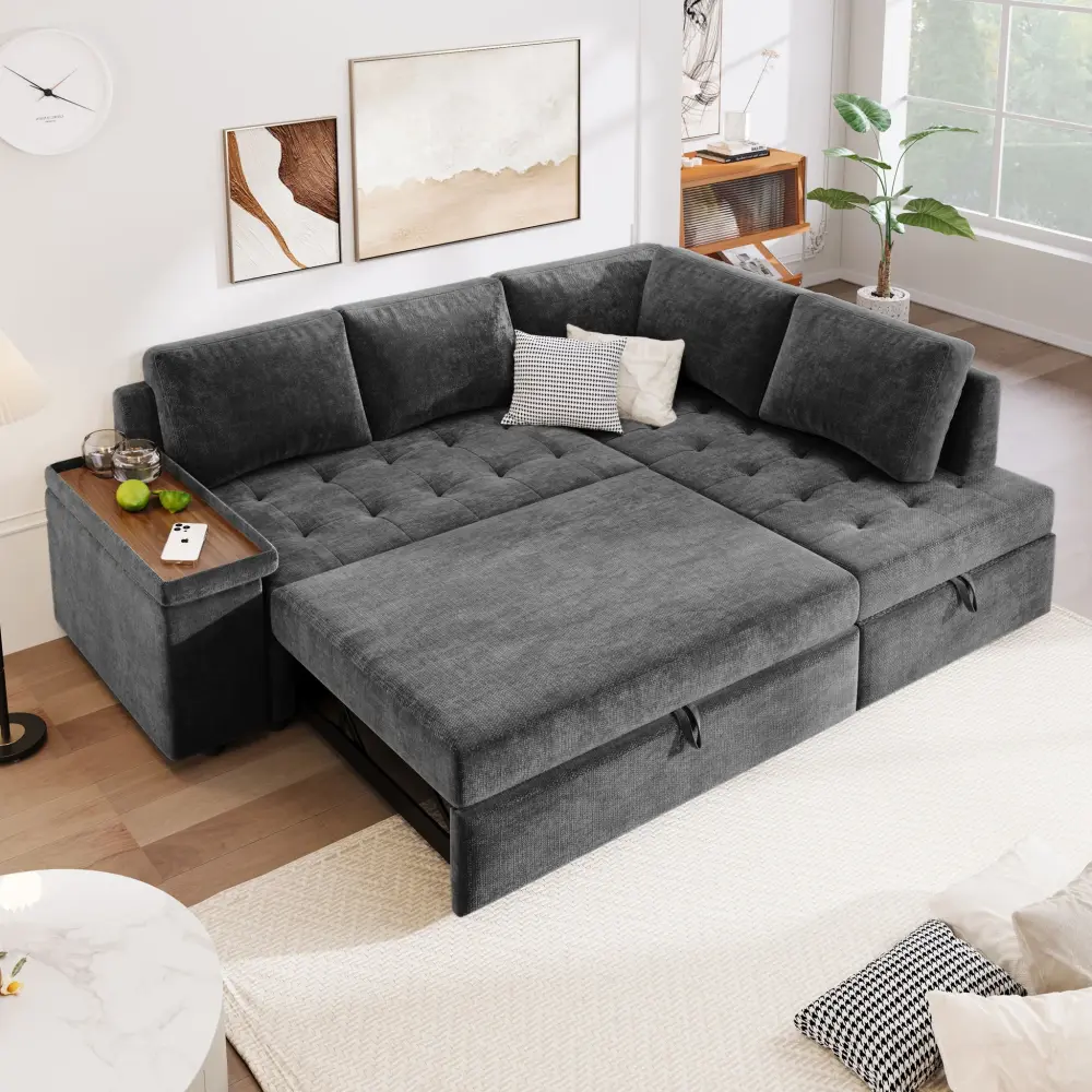 L Shaped Couch Pull Out Bed And Storage Sectional Sleeper Sofa Hidden Storage, Roomy Armrest Storage, Living Room, Apartme...